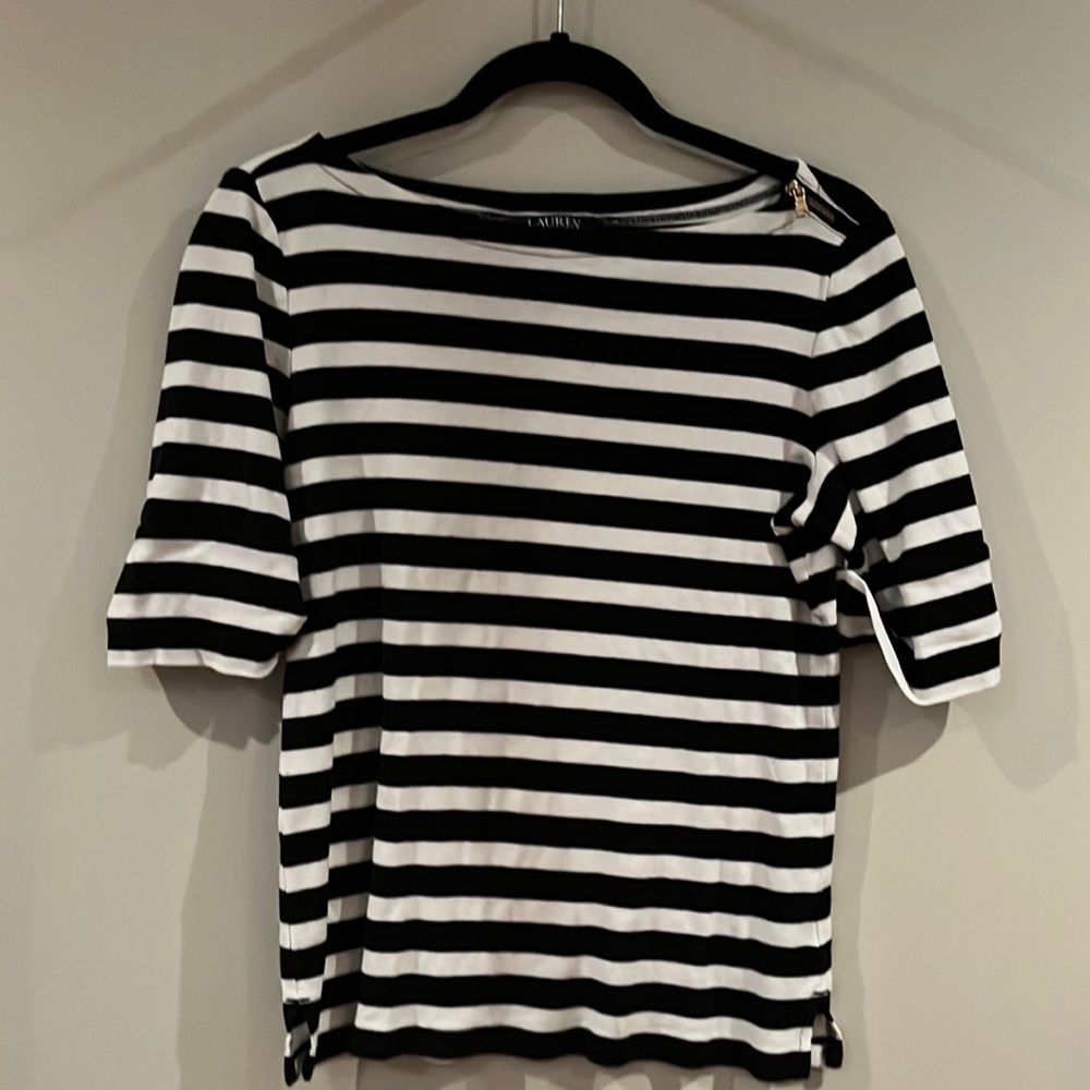 LAUREN Ralph Lauren black and white striped short sleeved boatneck with gold zip